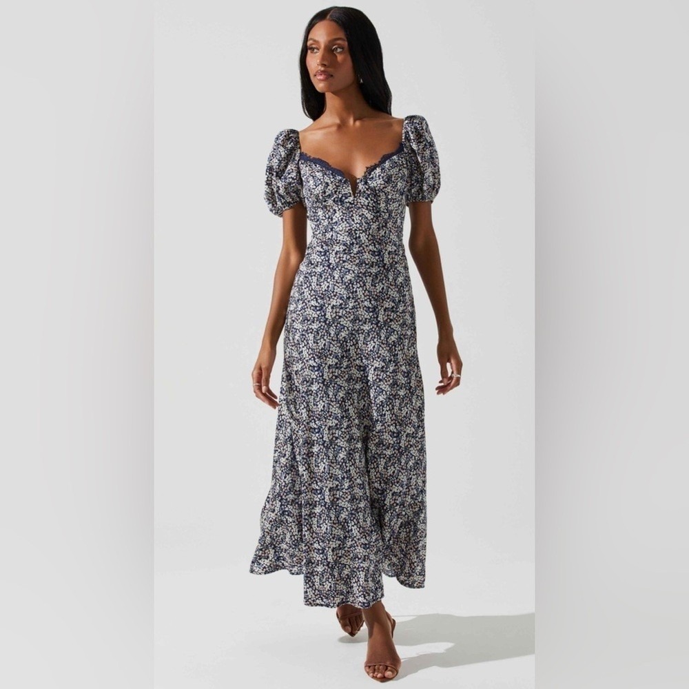 ASTR‎ The Label Navy Sylvie Ditsy Floral Sweetheart Midi Dress Puff Sleeve Small - Picture 8 of 8